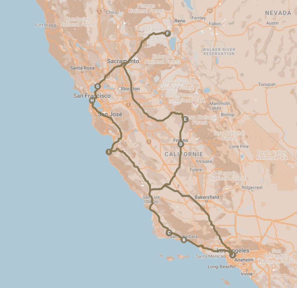 Road trip en Californie Itineraire Carte