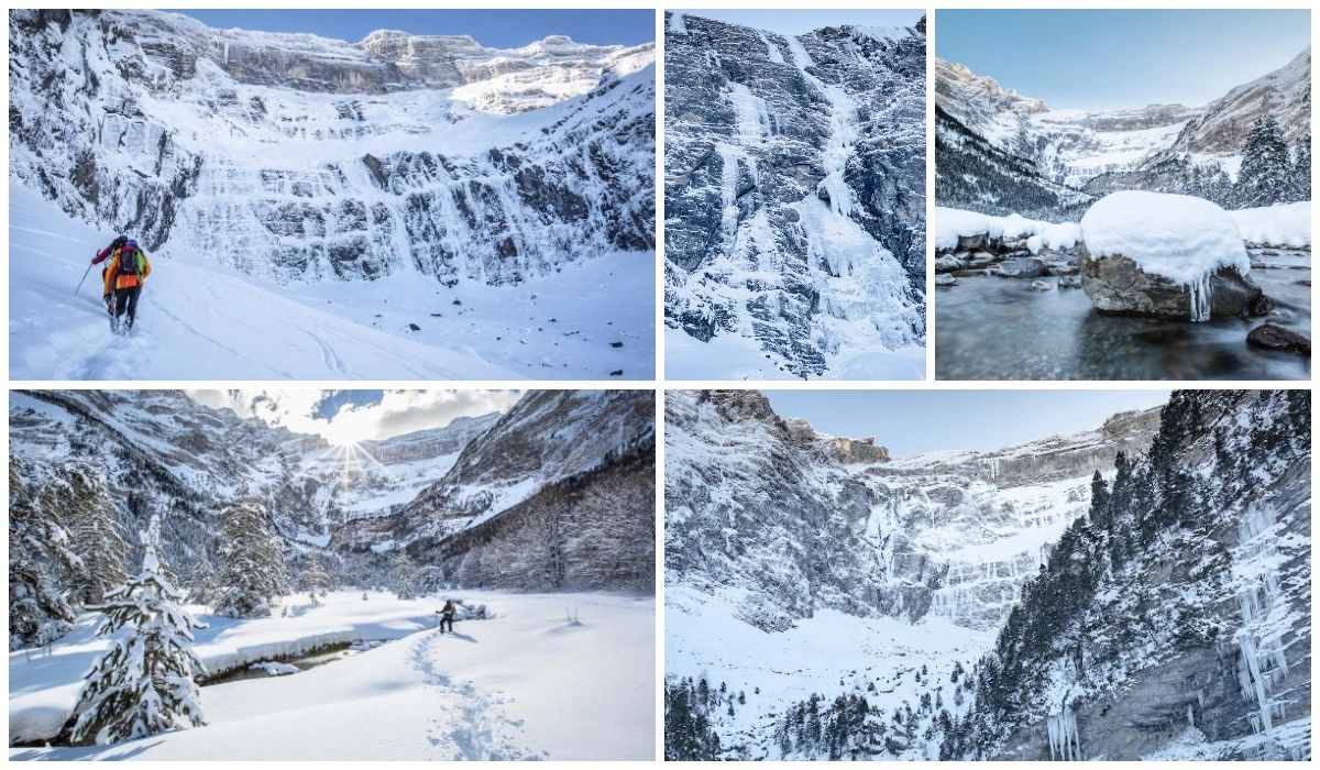 Cirque de Gavarnie dans les Pyrénées et sa cascade en hiver